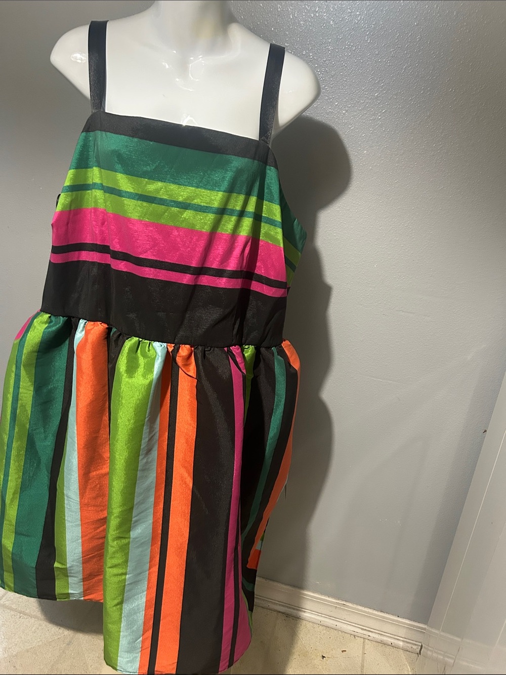 Bob Mackie Women’s Sleeveless Striped Party Dress in Green, Pink & Orange